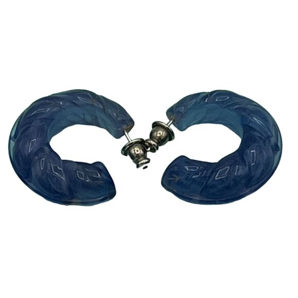 Vintage Chunky Blue & Black Acrylic Hoop Earrings 2 Pair - Picture 10 of 13